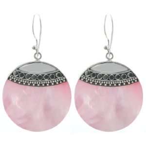   Sterling Silver Bali Inspired Round Pink Shell Drop Earrings Jewelry