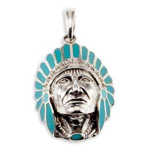 New 925 Silver Teal Enamel American Indian Head Pendant Jewelry