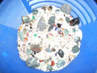 TREASURE HUNTING BAG OF ROUGH GEMSTONES, POLISHED, COINS, AND MORE 