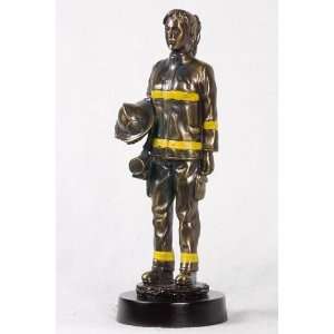   Bronze Woman Firefighter In Uniform Holding Hat Display Statue Home