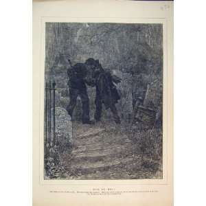  1871 Antique Fine Art Men Graveyard Churchyard Night