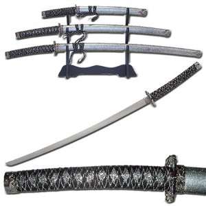 New Set of 3 Silver Japanese Samurai Swords w Sheath:  