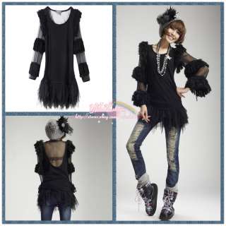 yrfashion Korean Women Fashion Modish Black Knit Wool Sleeve Lace 