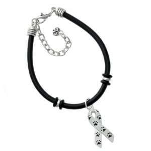   Ribbon with Paws Silver Plated Black Rubber Charm Bracelet: Jewelry