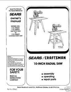  Craftsman Radial Arm Saw Manual No.113.196321  