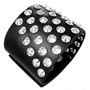  Spike Studded Wide Black Leather Cuff Bracelet: Jewelry