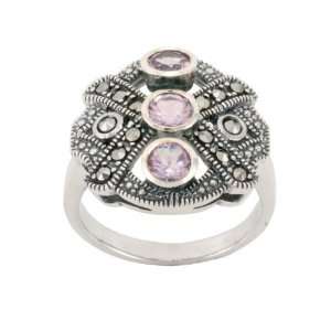  Sterling Silver Marcasite and Amethyst 3 Stone Ring, Size 