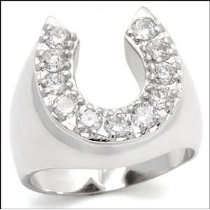  Mens Silver Plated CZ Lucky Horseshoe Ring: Jewelry