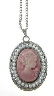 NEW DESIGNER Silver Tone Pink Cameo Faux Pearl Necklace  