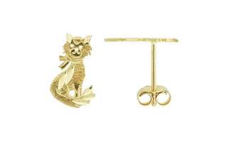 14K Solid Gold D Cut KITTY CAT Light Mini Earrings  