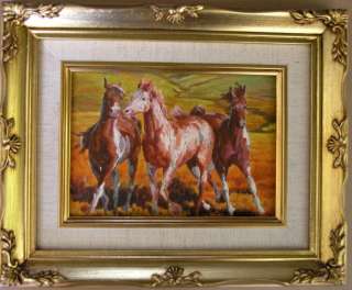 Framed Oil Painting Wild Red Horses 9x11 inches  
