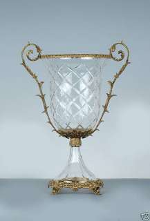 ITALIAN CRYSTAL VASE  URN WITH ANTIQUE LOOK SOLID BRASS  