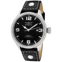 Invicta Mens Vintage Black Dial Black Leather Watch  