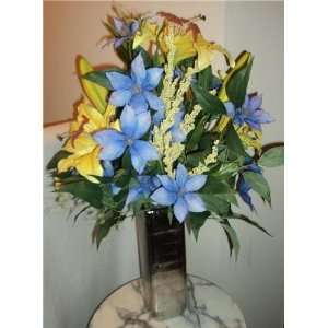    Yellow Lily & Blue Clematis Silk Floral Arrangement