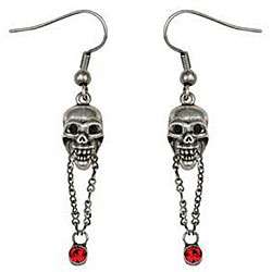 Pewter Skull with Chained Red Crystal Earrings  Overstock