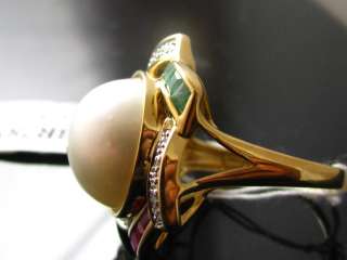 Genuine Mabe Pearl, Ruby, Sapphire, & Emerald Ring in 14k Solid Gold 