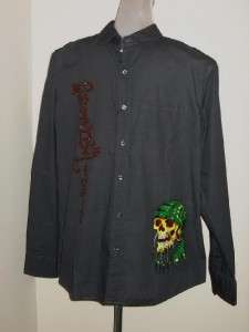 Ed Hardy ROYALTY SKULL L/S Button Front Shirt Mens Gray NWT  