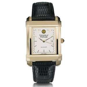 University of Pittsburgh Mens Swiss Watch   Gold Quad with Leather 