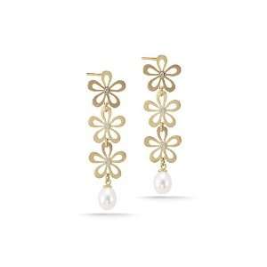 Yellow Gold Hand Crafted Dangling Flower Earrings, Detailed with Fresh 