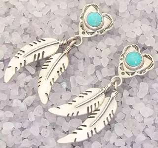 Pollack Relios  Southwest Turquoise Sterling Heart Feather Dangle 