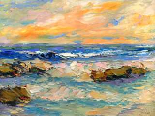 COAST CLIFFS Seascape Sunset Ocean Art Oil Painting KEN  