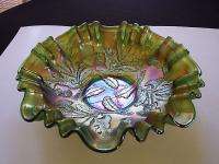 Antique Fenton Thistle bowl Green Carnival Glass  