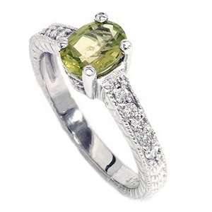   Peridot Diamond Anniversary Engagement Vintage Engraved 14K WG Ring