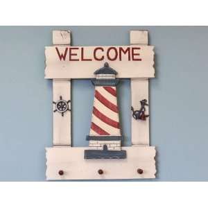  Wooden Welcome Lighthouse Sign with Hooks 18