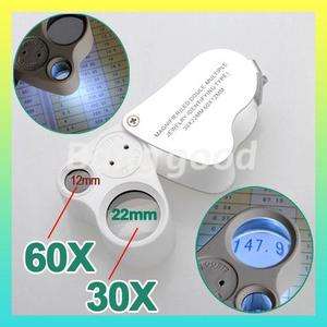 30X 60X Loop Magnifier Jeweler Eye Loupe Lens LED 2in1  