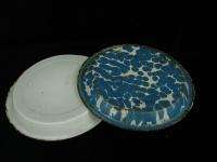 Set 2 Vintage White Blue Swirl Enamel Metal Plates Enamelware  