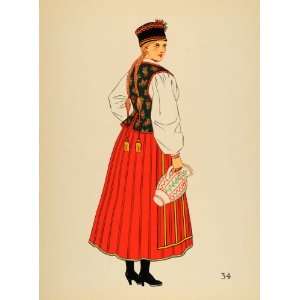  1939 Polish Folk Costume Woman Kurpie Poland Lithograph 