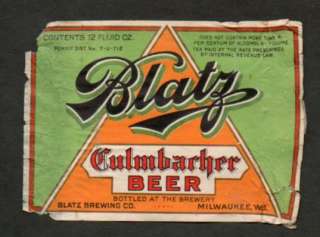c1933 Antique Label Blatz Beer Blatz Brewing Milwaukee  