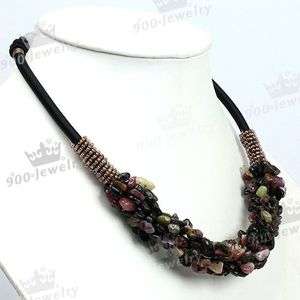 Tourmaline Gem Chip Bead Knitted Cord Rope Necklace  