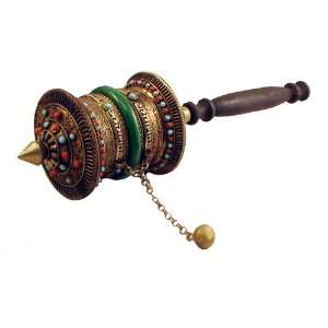  Tibetan Buddhist Copper and Jade Handheld Prayer Wheel 