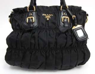 NEW AUTH PRADA Black Ruched Canvas Top Handle Handbag  
