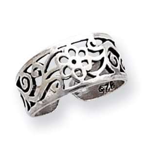  925 Sterling Silver Antiqued Scroll Flower Toe Ring 