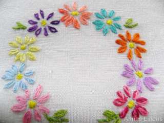 Vintage Tablecloth Hand Embroidered Colourful Daisy Flowers  