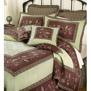   Quilt in Brown and Green with Hand Quilted Sunburst Medallions Home