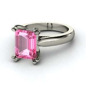   Quotation Ring, Emerald Cut Pink Sapphire 14K White Gold Ring Jewelry