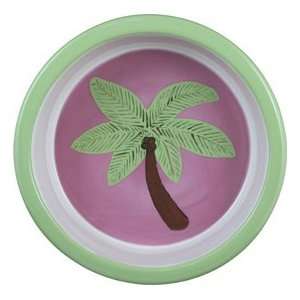 Melia ceramic dog bowl, 6 cup pink with a green palm tree dog bowl 