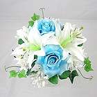 new artificial wedding silk flower sky blue rose lily bouquet