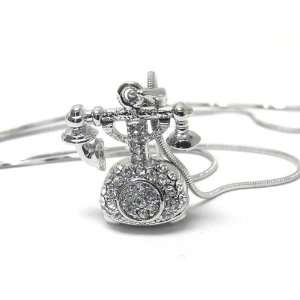   Ice Crystal Covered Old Fashion Telephone Charm Necklace Silver Tone
