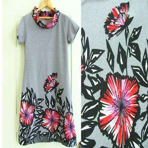 Vtg Boho Hippie Grey Flower Wool Tunic Dress S/M  