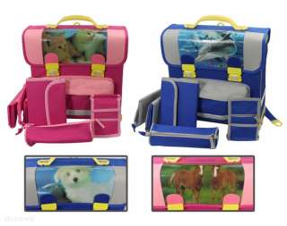 Schulranzen Set blau oder pink 5 tlg. Hund, Pferd, Katze, Delfin 
