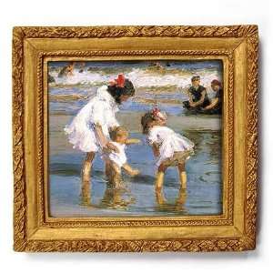  Children Playing at the Seashore   Gold Frame Magnet with 