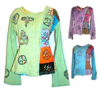   PATCHWORK KNITTED COTTON BOHEMIAN HIPPIE TOP T SHIRT TUNIC BLOUSE