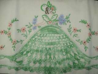 Antique VTG Southern Belle HAND EMBROIDERED PILLOW CASE SET Shabby 