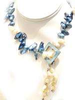   Large Blue & White Blister Pearls   Fine Fashion Tie Necklace  