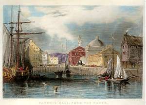   Hand Colored Engraving   c1850   FANEUIL HALL, FROM THE WATER  
