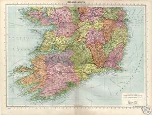 Beautiful Large 1940 Philips Atlas Map of Ireland South  